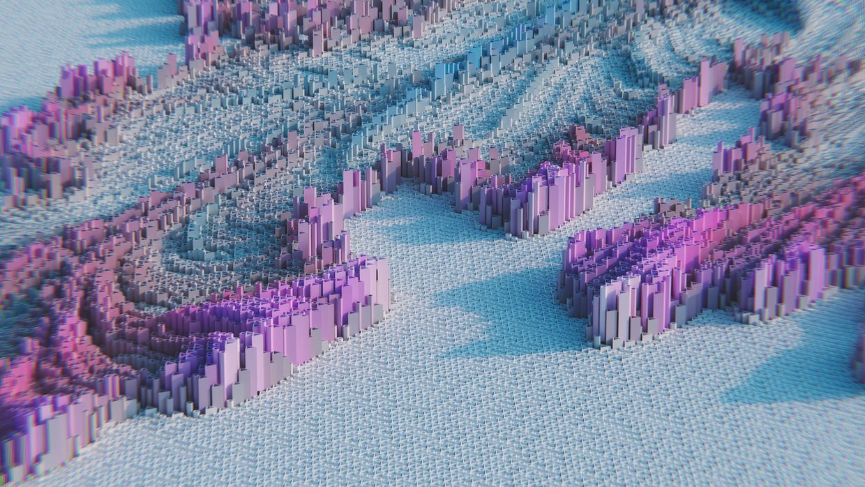 AI skills for SEO: 3D abstract geometric pattern featuring pastel pink and purple blocks, creating a modern visual effect